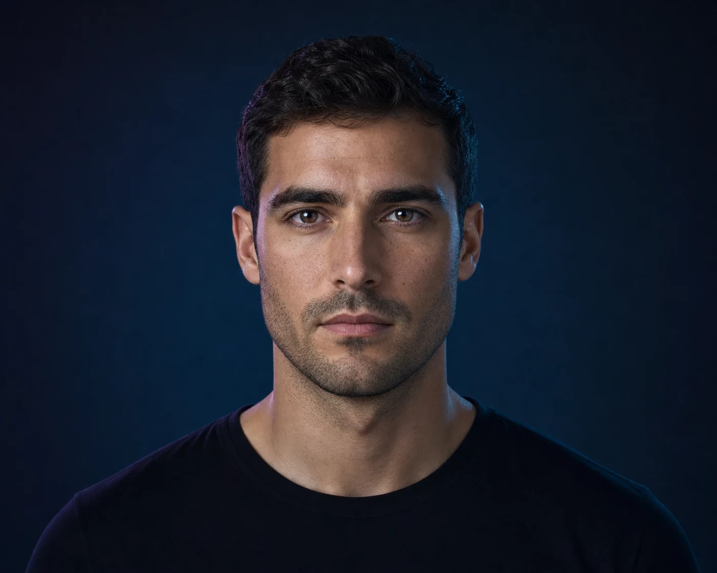 Fictional adult man in a front-facing portrait for illustrative PSL facial analysis