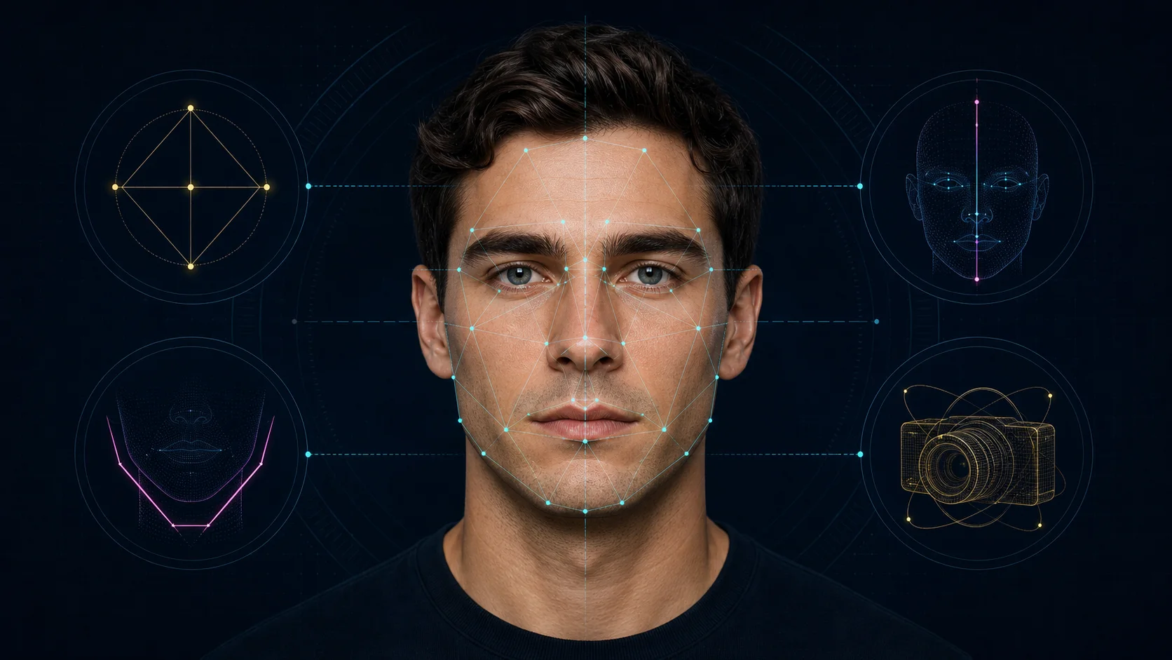 Fictional front-facing adult portrait with facial landmarks and four visual analysis dimensions