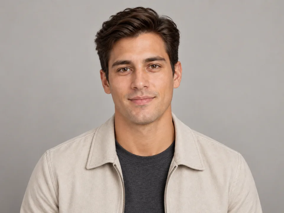 The same fictional adult with swept-back hair and a light jacket over a charcoal shirt