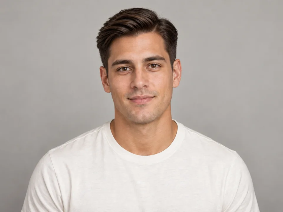 The same fictional adult with a defined side-part haircut and the original ivory T-shirt