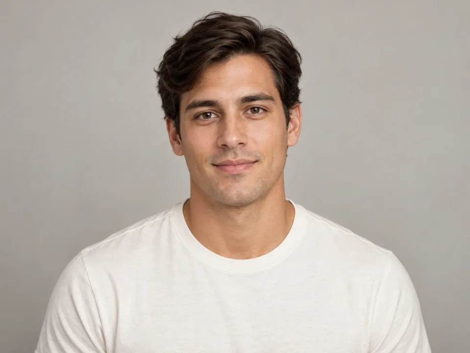 Fictional adult with natural brown hair and an ivory T-shirt, the baseline style example