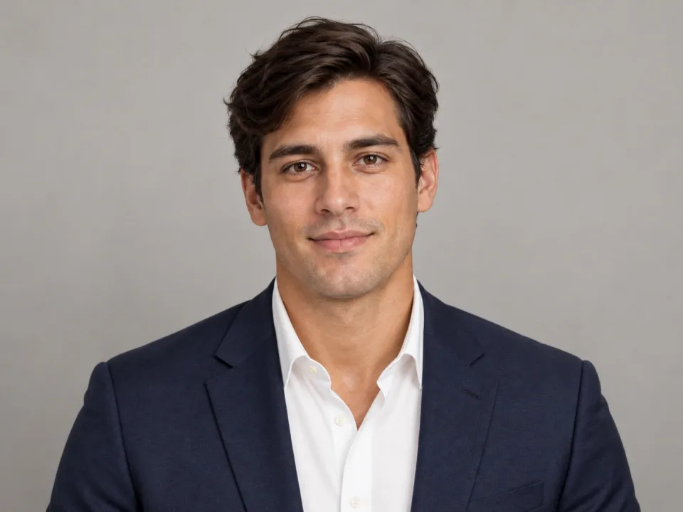 The same fictional adult wearing a navy blazer over a white shirt