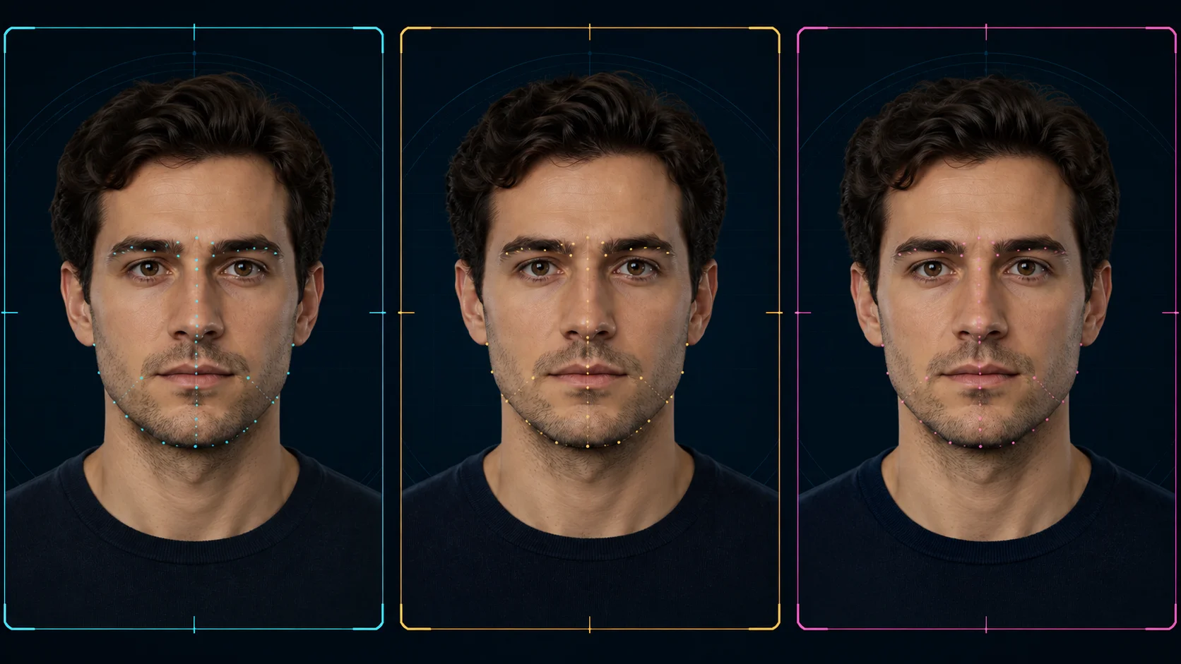 Three separate front-facing portraits of the same fictional adult, with a level head, consistent lighting and camera distance